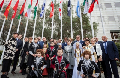 During the celebrations for the 60th anniversary of the IOC, the Georgian authorities raised the flag in front of the headquarters building and planted a young Georgian olive tree