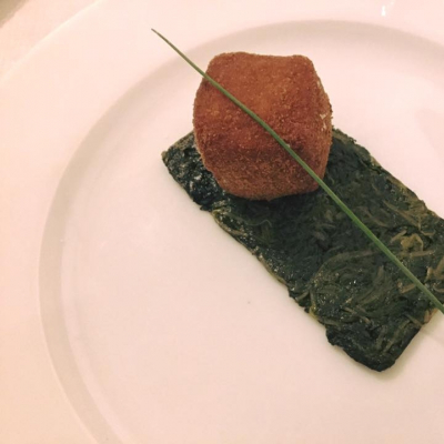 Cubotto di crema di fave con miele di acacia su cicorielle selvatiche