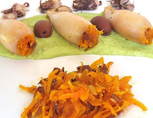 Calamari ripieni di carote con salsa di piselli allo zenzero